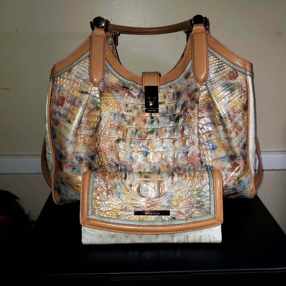Brahmin Celia Poppy Seed Allendale with matching modern checkbook wallet.